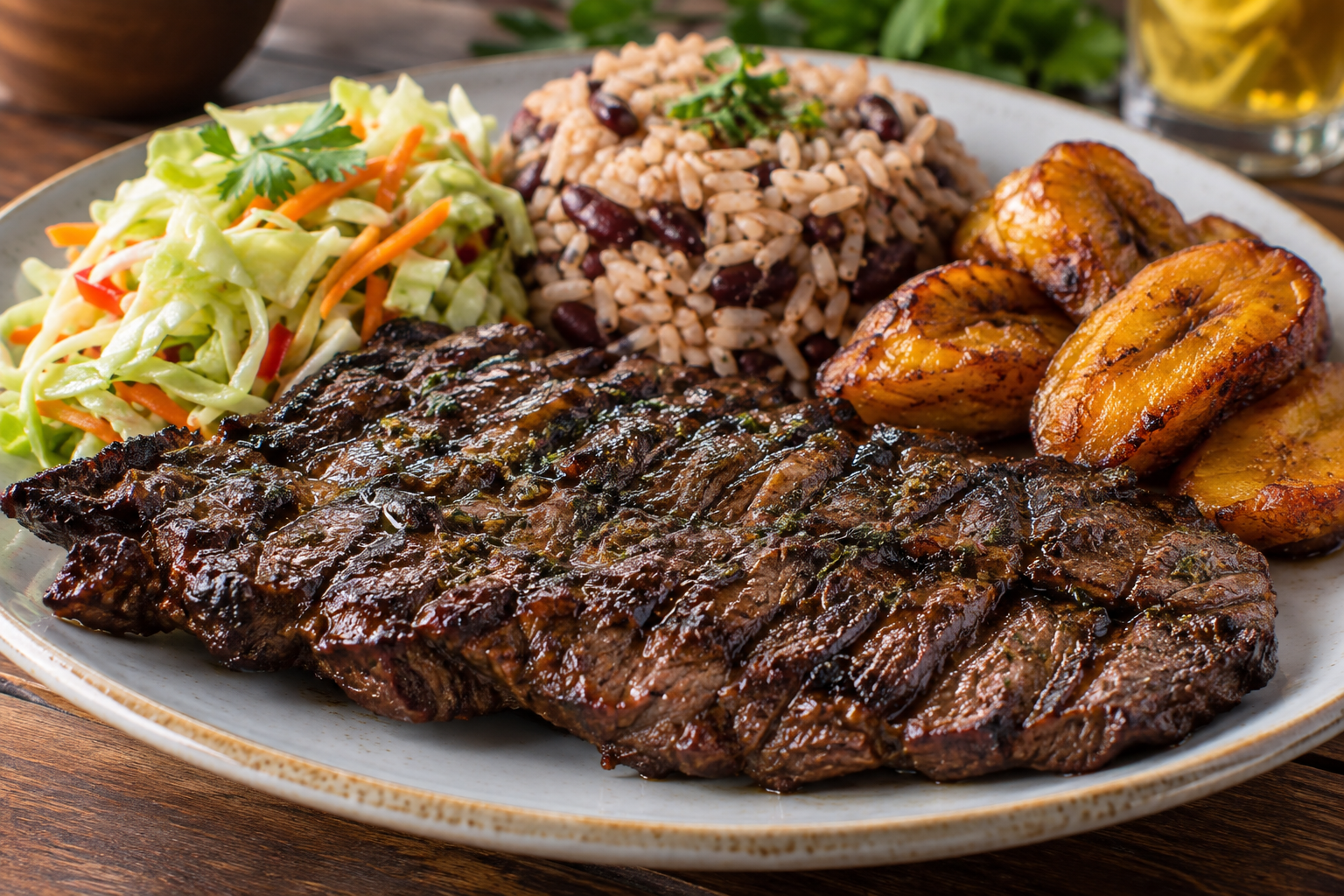Bifteck grillé avec riz, bananes plantains et salade