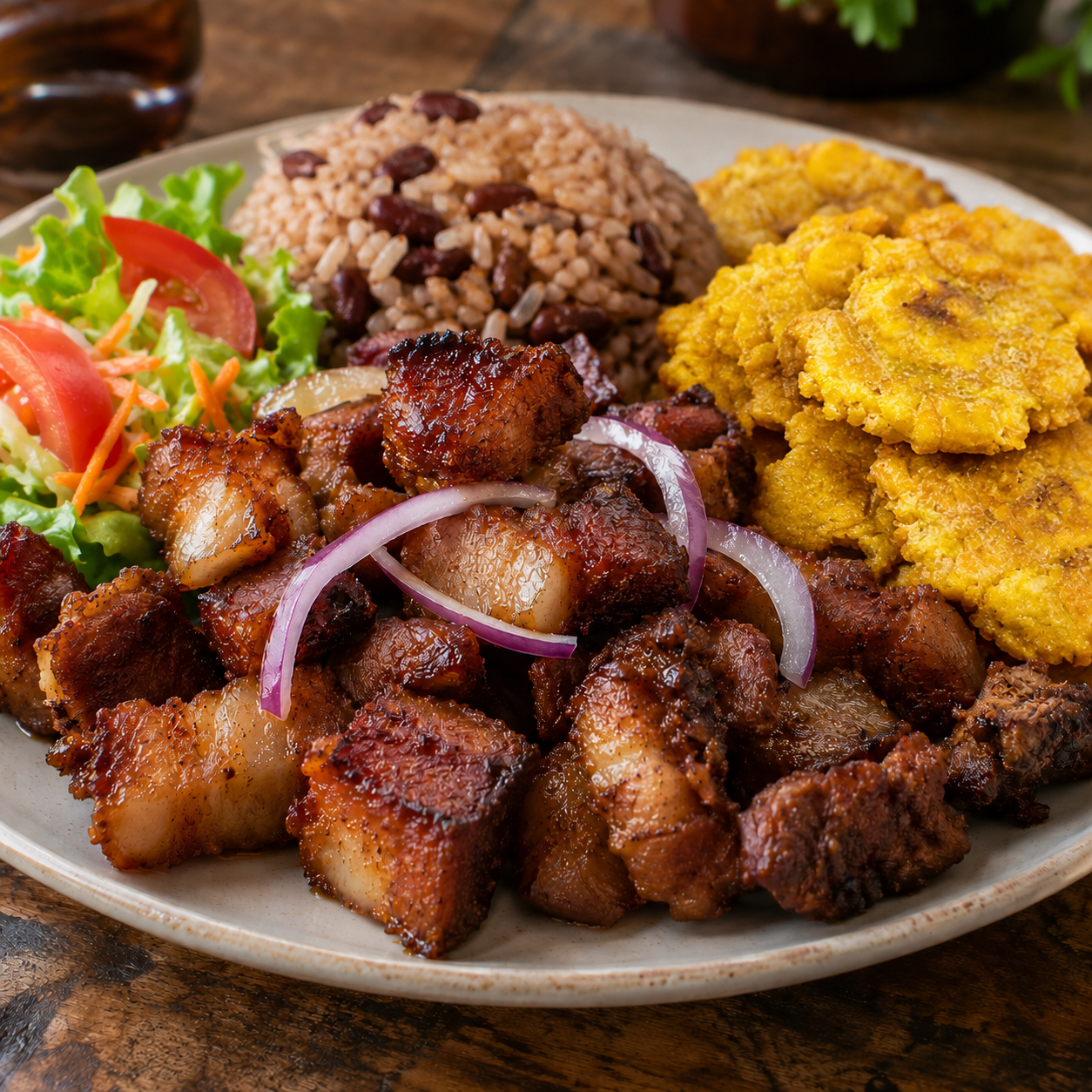 Griot haïtien avec riz, bananes plantains et salade