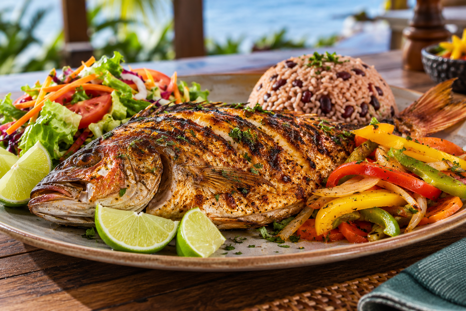 Poisson grillé avec riz, légumes et salade