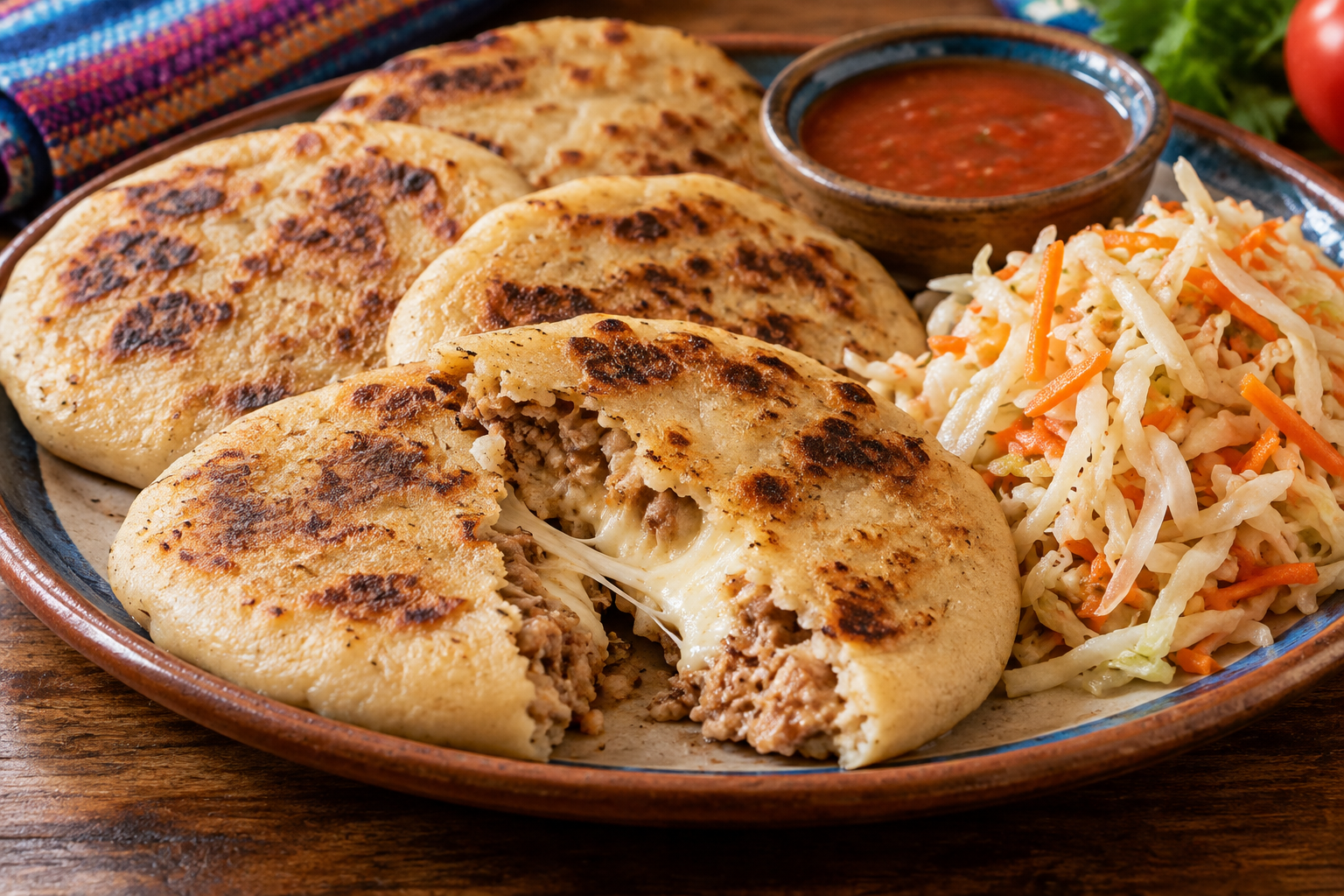 Pupusas salvadoriennes avec curtido et sauce rouge