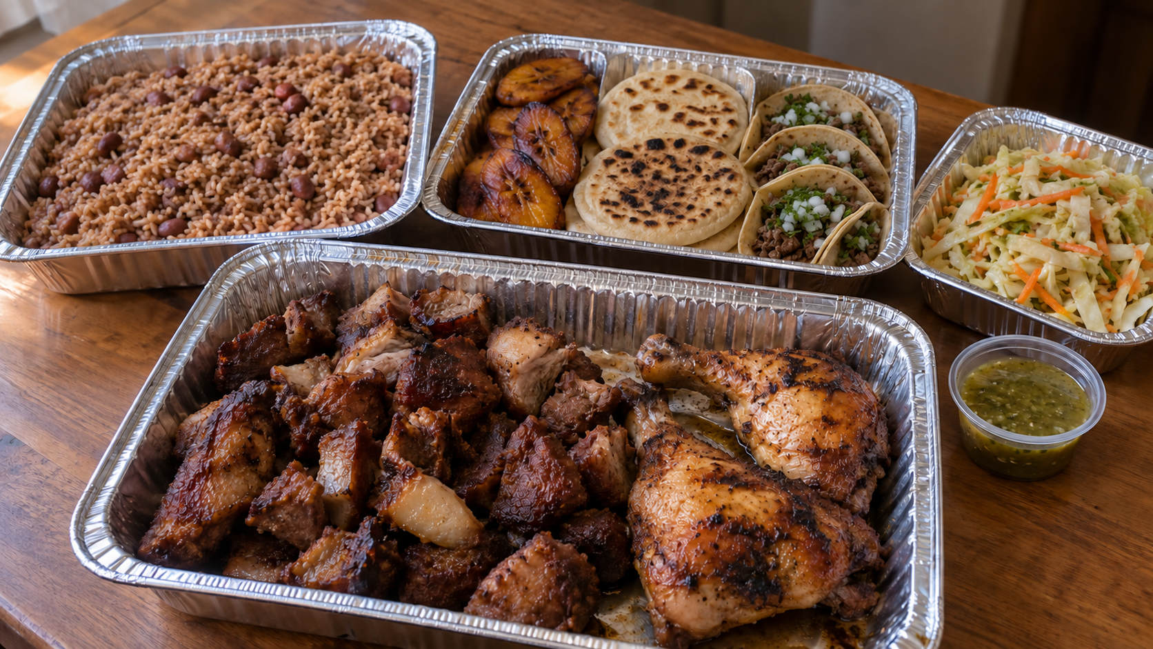 Commande familiale avec griot, poulet, riz collé, plantains, pupusas et tacos