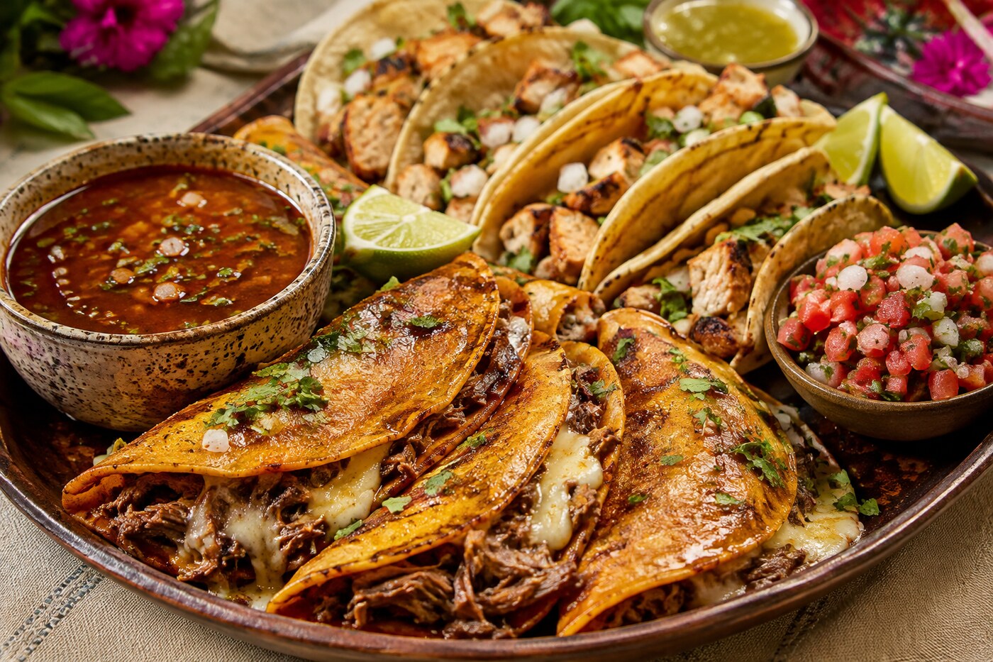 Tacos birria et poulet avec sauces et garnitures